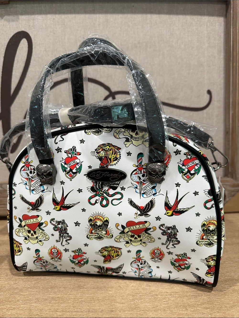 Ed Hardy White Tattoo-Print Dome Lunch Tote with Black Trim and Skull Accents
